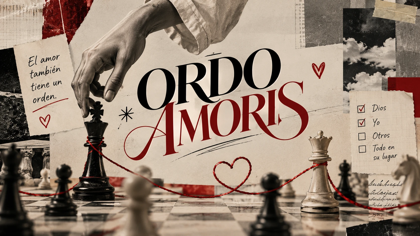 Ordo Amoris: piezas de ajedrez unidas por un hilo rojo en forma de corazón